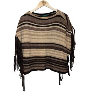Lauren Ralph Lauren Poncho Sweater Linen Fringe Striped Brown Size Small Petite
